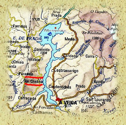Mapa de A Veiga. Sta. Cristina � esquerda entre li�as vermellas.